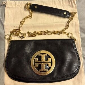 TORY BURCH Reva Black Gold Leather Chain Clutch Large Logo 11x6.5” Bag Purse